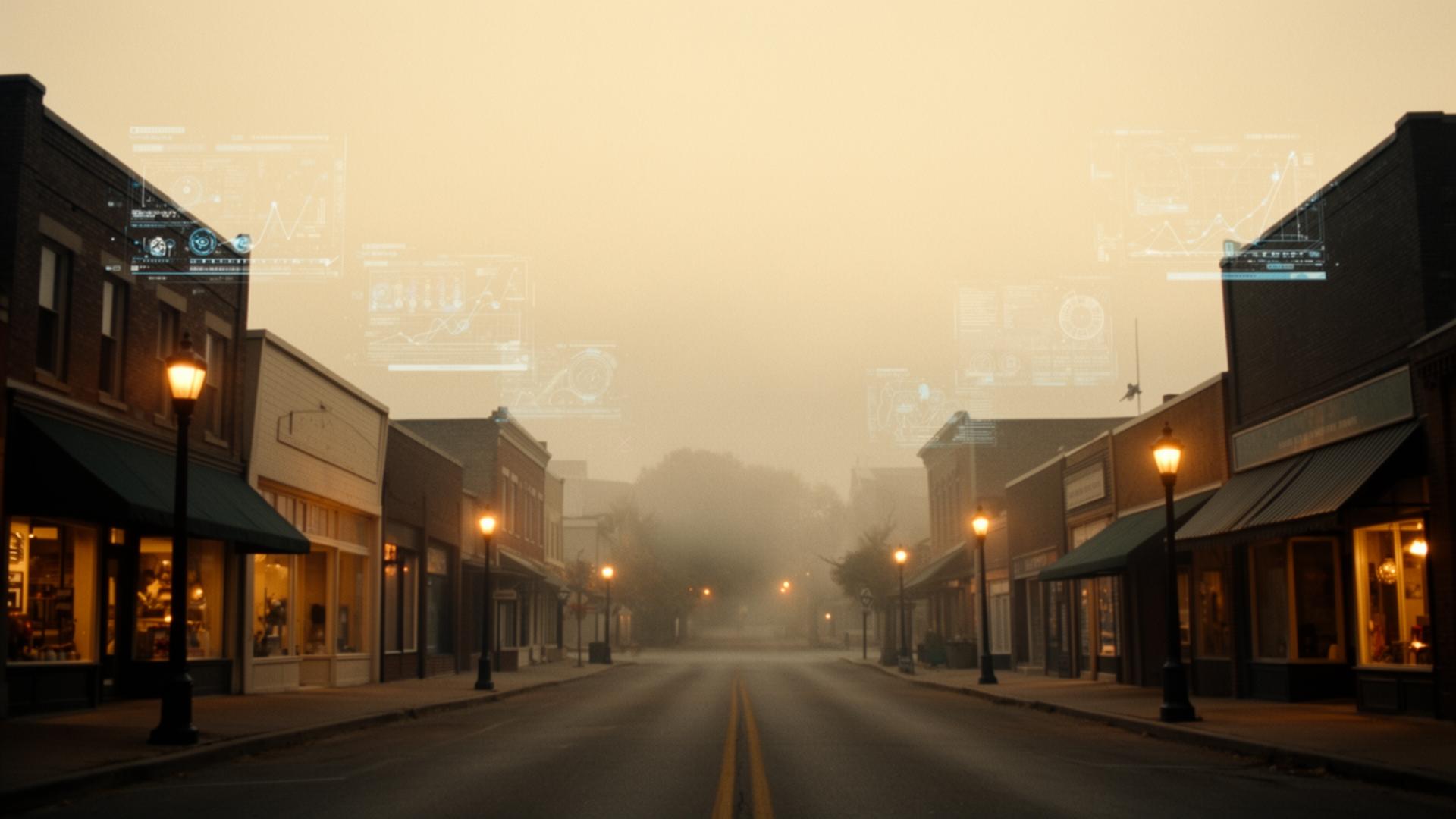 A quiet Main Street at golden hour with translucent data interfaces drifting above the storefronts.